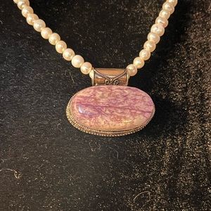 Charoite sterling silver pendant and fresh water pearl necklace.